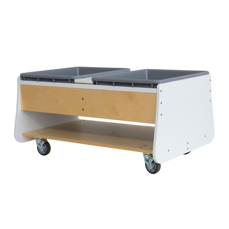 Whitney Brothers Mobile Two Tub Sand and Water Table (WB4048) - front angle with two gray tubs, open lower shelf and locking casters