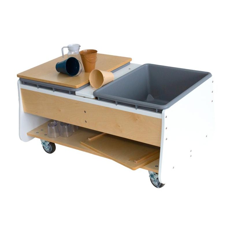 Whitney Brothers Mobile Two Tub Sand and Water Table (WB4048) - one tub covered and one open, with a lower storage shelf
